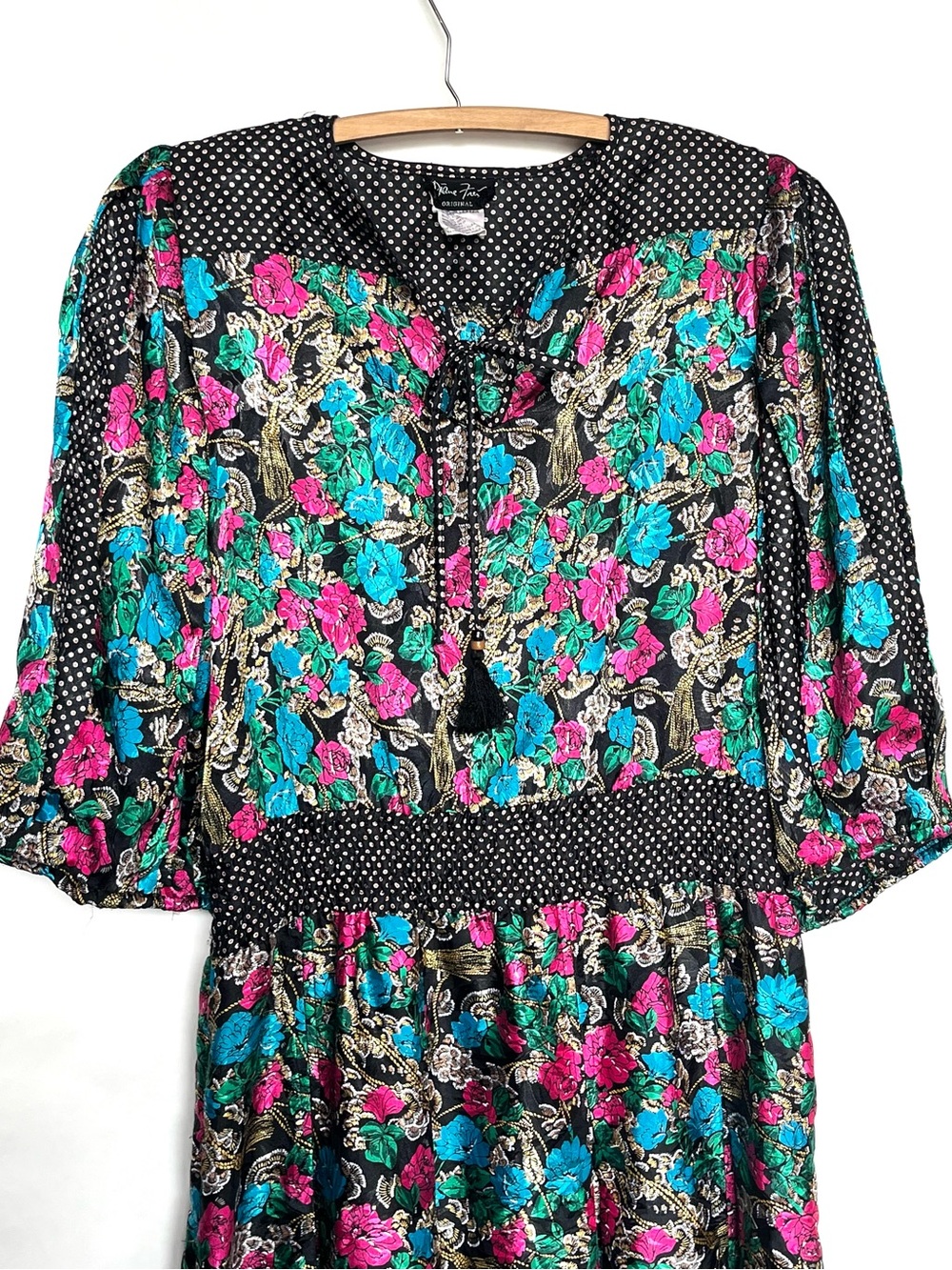 Vintage 80s Boho Colorful Bold Floral Maxi Dress XL Flowy Polka Dot Diane Freis